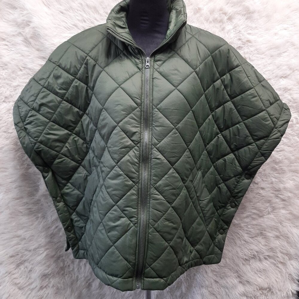 Eidissa Women's Green Quilted Oversized Stand Up Collar Coat Half Sleeves L/XL